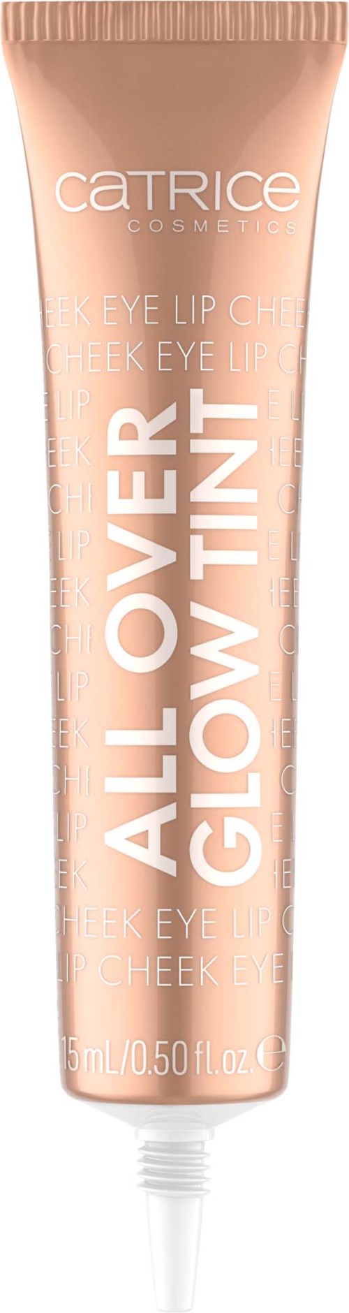 En persikfärgad tub med Catrice All Over Glow Tint för ögon och kinder står upprätt.