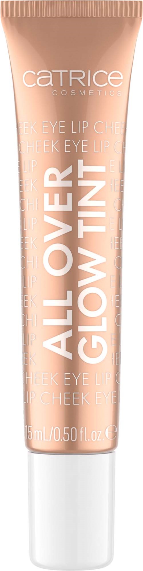 En tub med Catrice kosmetika glow tint, för läppar, ögon och kinder, i en persikofärgad nyans.