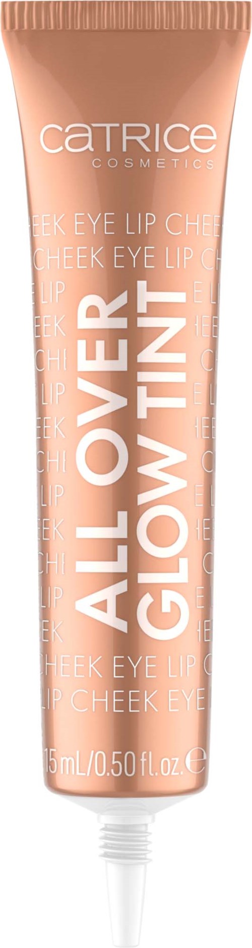 En peachfärgad tub med Catrice All Over Glow Tint för kinder och läppar. Den har ett vitt lock och vitt text.