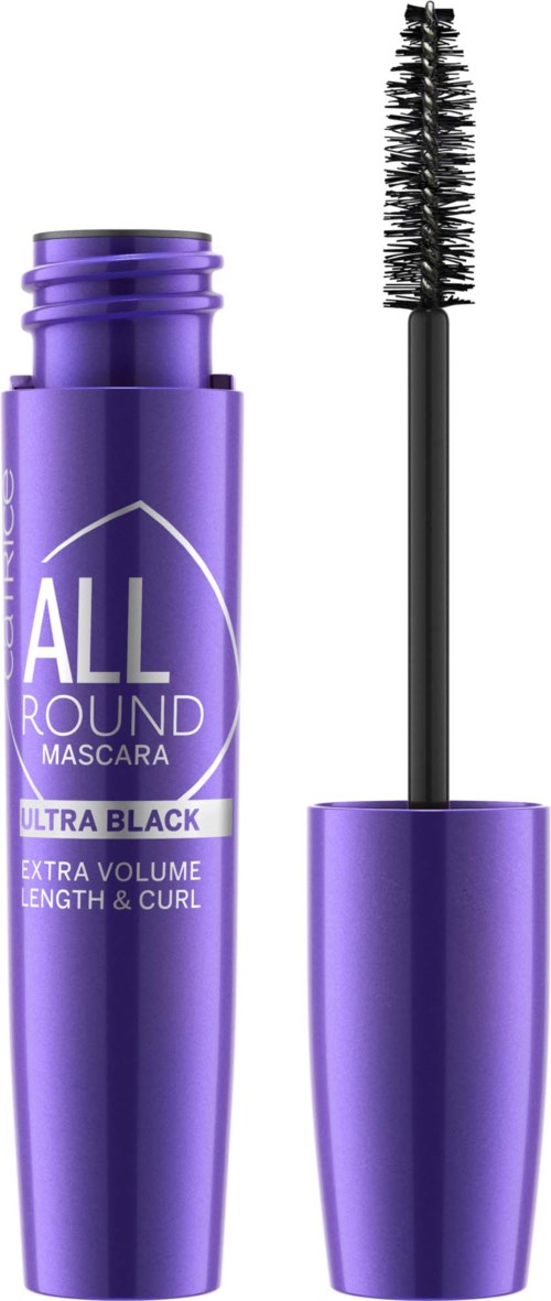 En lila mascara-rör med borsten bredvid, märkt 'All Round Mascara Ultra Black' för volym och lock.