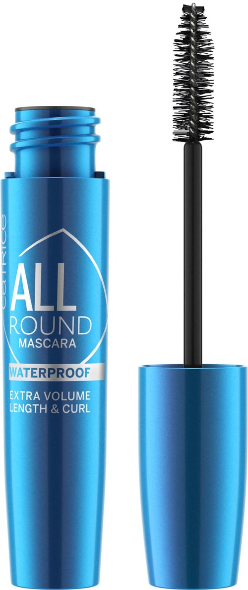 Blå vattentät mascara-rör med borste, märkt för extra volym, böj och full täckning.