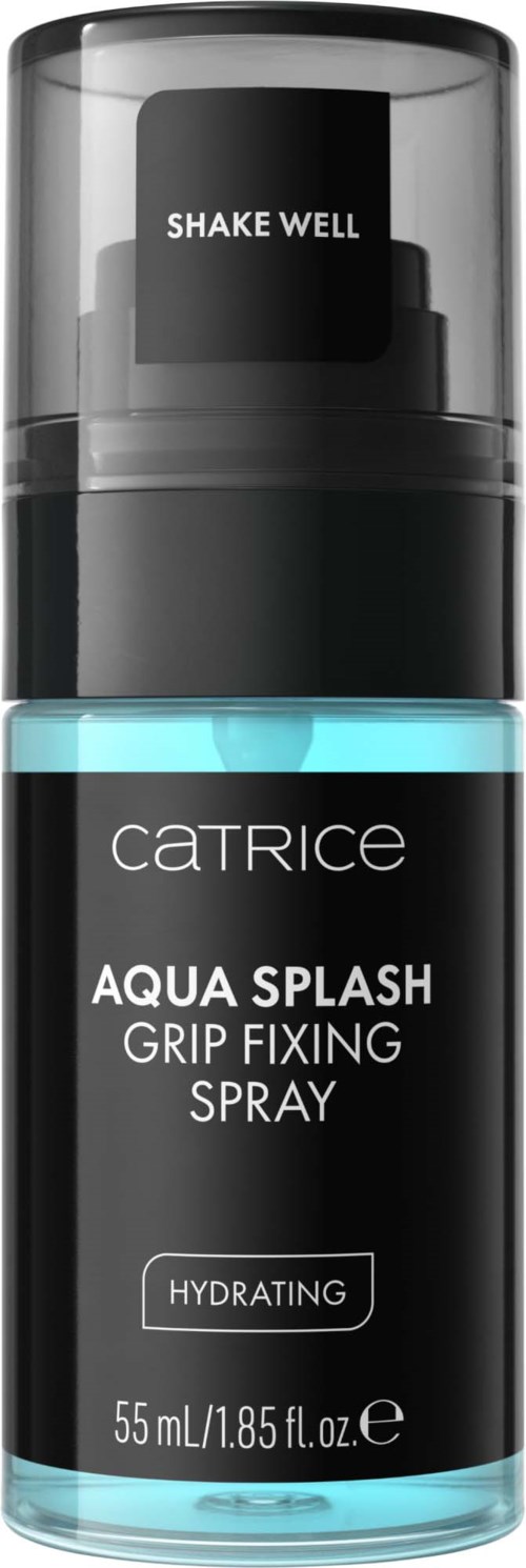 En flaska Catrice Aqua Splash Grip Fixing Spray, återfuktande, med instruktioner att skaka väl.