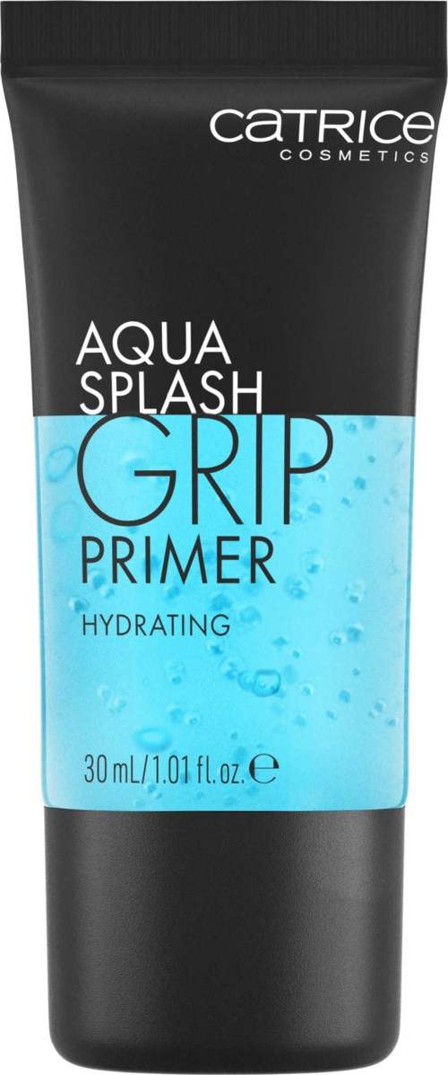 Svart tub med blå och vit etikett, text om en återfuktande grip primer från Catrice Cosmetics.