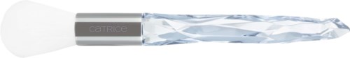 A makeup brush with a white brush head and a handle that looks like a clear, twisted glass.