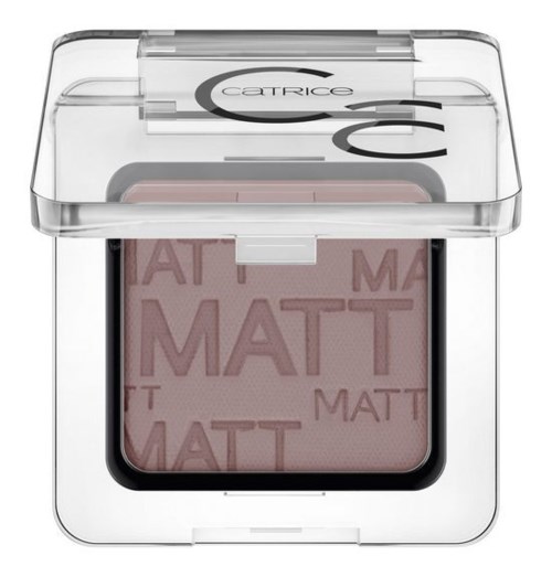 En makeuprouge med matt finish i en klar plastkompakt. Ordet "MATT" är präglat på ytan.