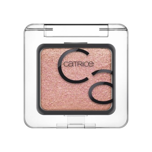 A pink, shimmery eyeshadow inside a clear plastic square case with black and gray decorative elements and the brand name Catrice.