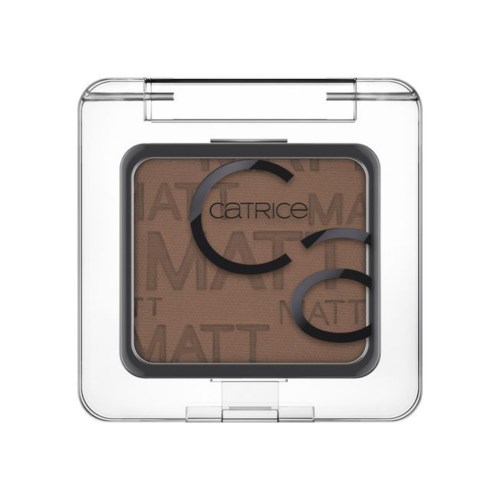 A compact makeup eyeshadow case with a brown shade and three black applicator tools inside.