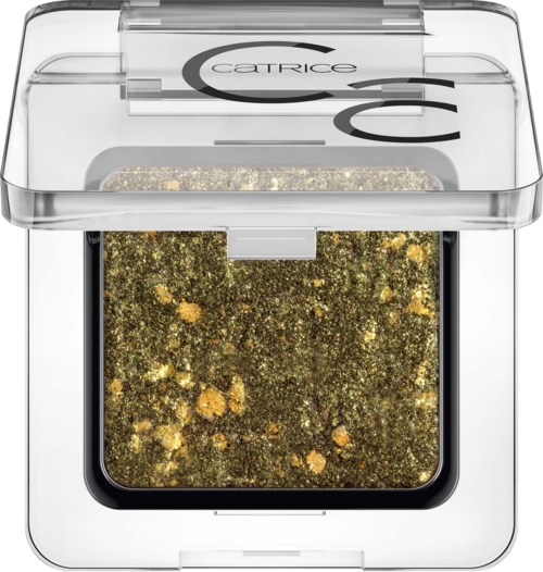 En liten smink- eller ögonskuggaskål med guld- och grönglitter inuti och ett tydligt lock.