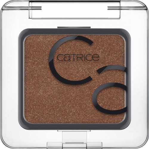 Bruine oogschaduw met Catrice-logo en twee gebogen zwarte lijnen in doorzichtig doosje.
