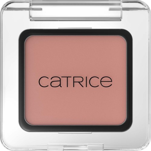 Een roze blush poeder in een doorzichtige plastikhuls met zwarte rand en doorzichtige deksel.
