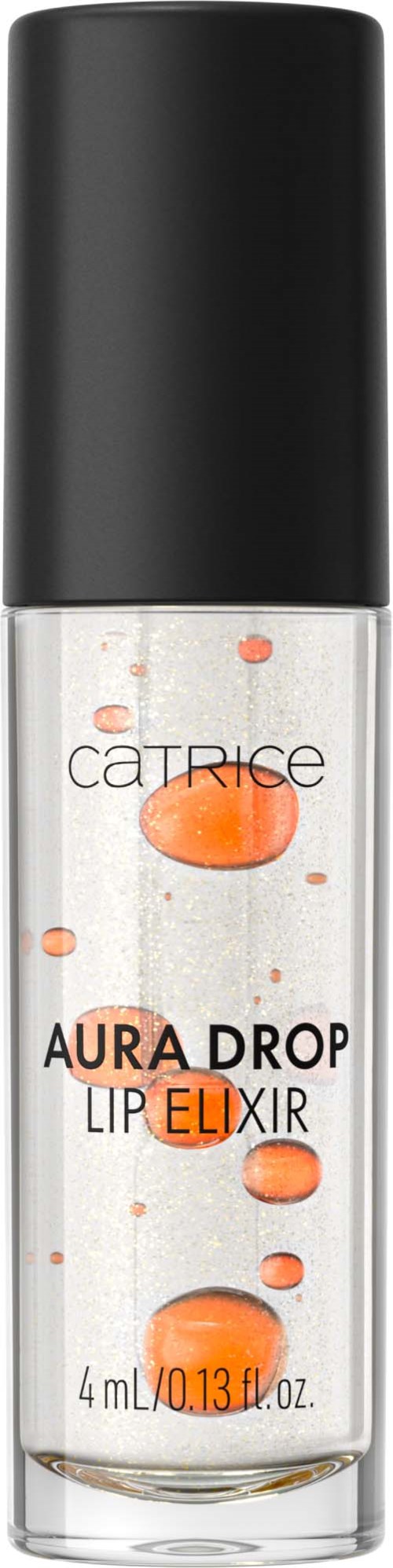 Kleine transparente Flasche mit schwarzem Deckel, enthält klare Flüssigkeit und orange Tropfen.