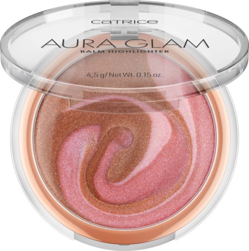 Een klein rond make-upproduct met roze en bruine swirlpatronen, gemarkeerd Aura Glow. Het heeft een doorzichtig plastic deksel.