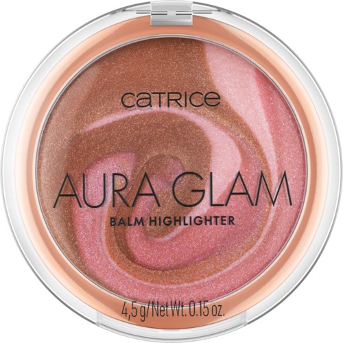 Een ronde make-up highlighter met roze en bruin zwevende in een doorzichtige verpakking.