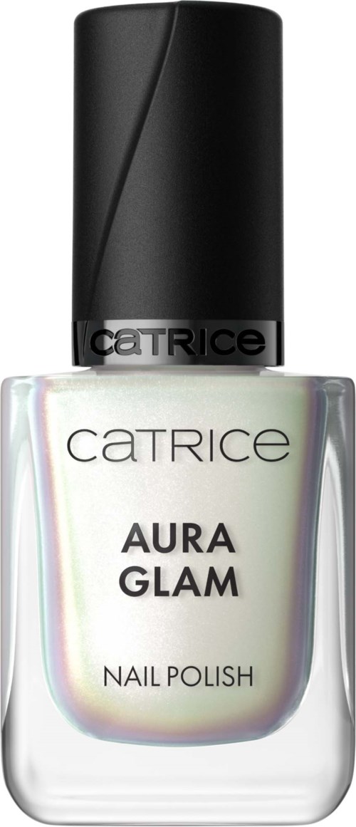 Eine klare Nagellackflasche mit schwarzem Deckel, beschriftet 'Catrice Aura Glam.'
