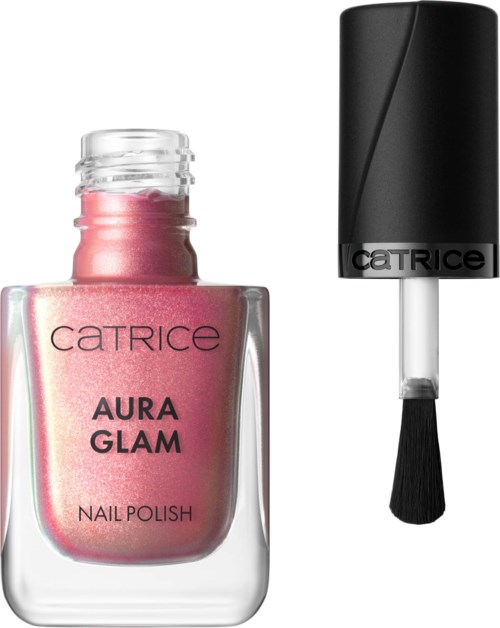 Pink neglelakkflaske med svart børste, merket 'Catrice Aura Glam Nail Polish'.