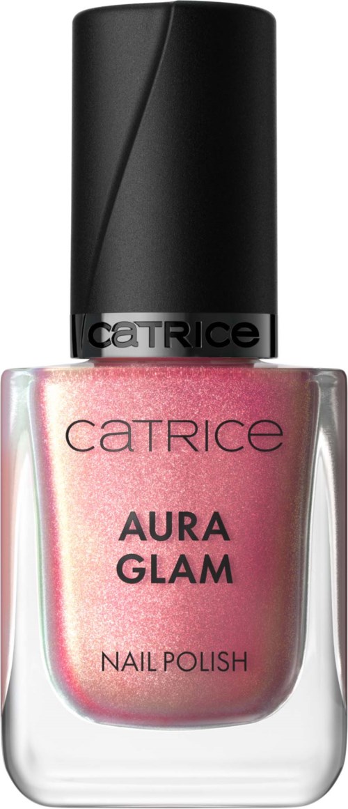 Rosa neglelakk i en glassflaske med svart kork, merket CATRICE Aura Glam.
