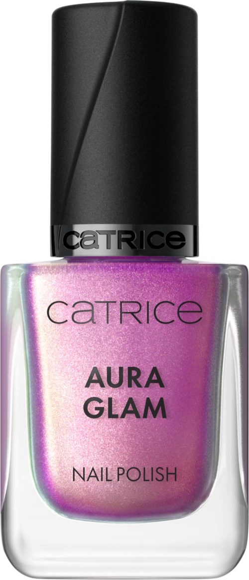Eine Flasche Catrice Aura Glam Nagellack mit glänzender, rosa-lila Farbe und schwarzem Deckel.
