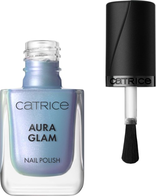 Eine Catrice Aura Glam Nagellackflasche mit schwarzem Pinselverschluss, irisierend blauer Farbton.