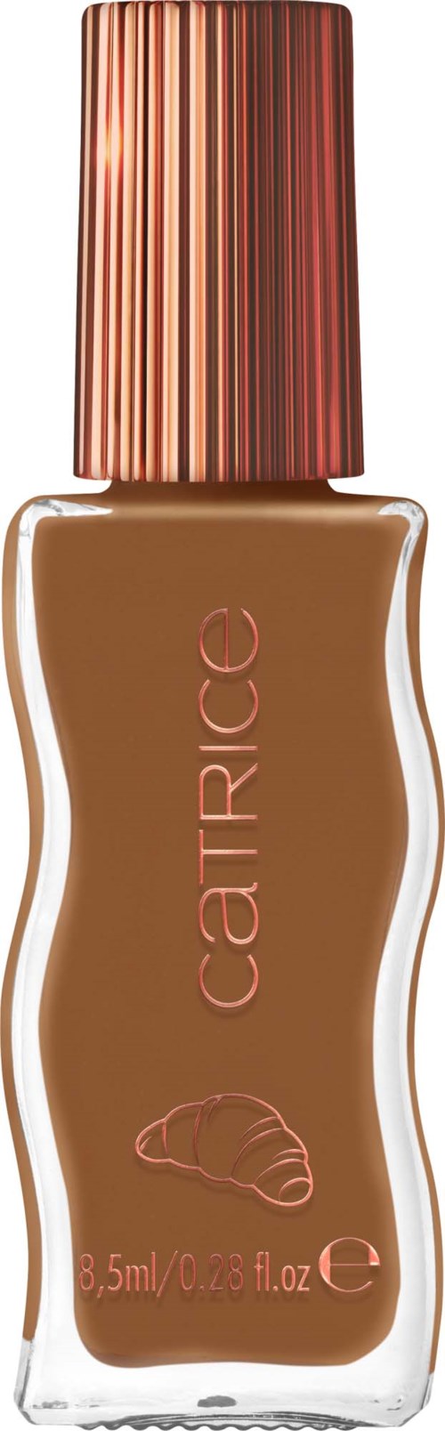 Catrice flytande foundation i en klar flaska med en bronsrandig lock, visar en brunsvag produkt inuti.