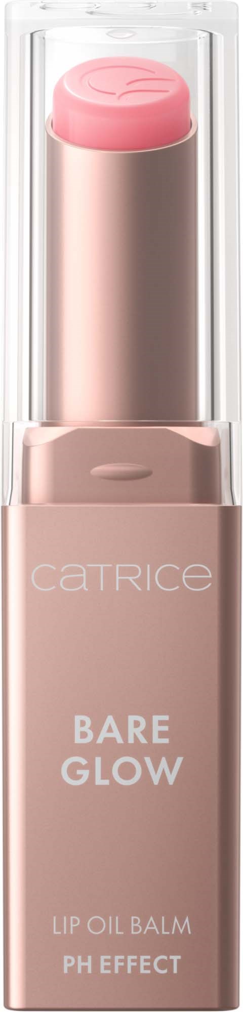 Ein rosa Lip Oil Balm in einem beigen Röhrchen mit transparentem Deckel, gekennzeichnet Catrice Bare Glow. Für Lippen.