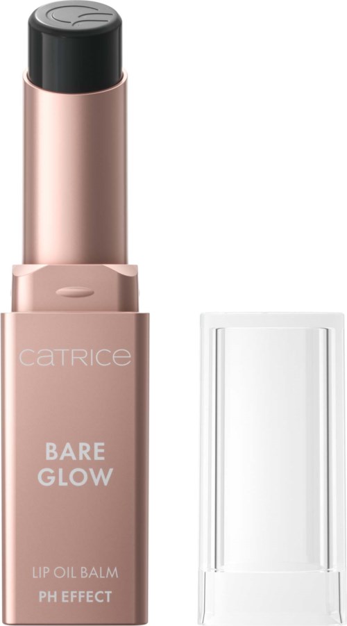Ein Lippenölbalsam in einer rosa Tube mit schwarzem Deckel, beschriftet Bare Glow, steht aufrecht neben einem transparenten Deckel.