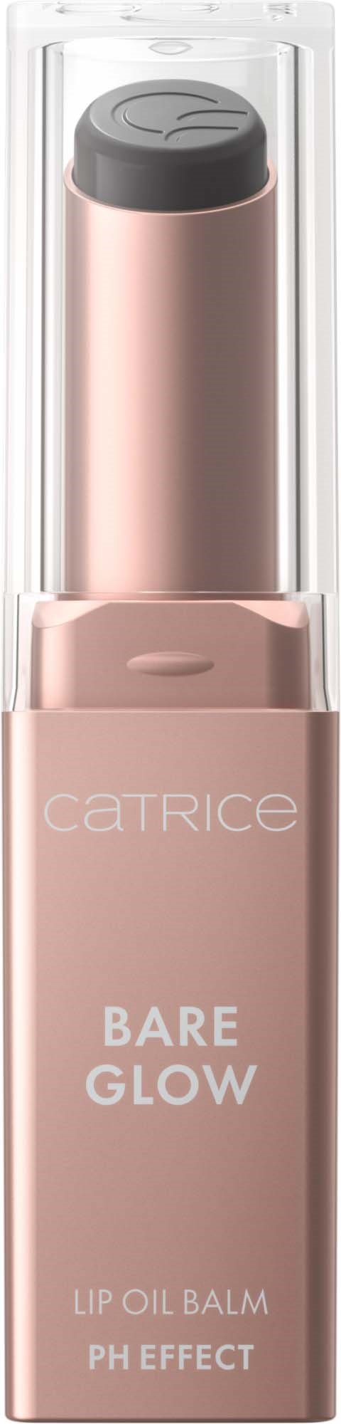 Catrice Bare Glow Lippenölbalsam in rosa Flasche mit schwarzem Deckel. Verpackung zeigt Produktname und Beschreibung.