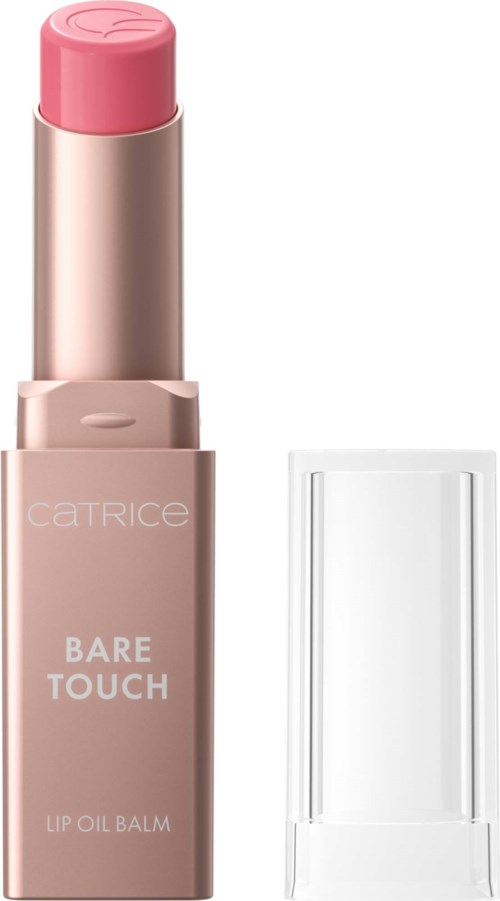 Ein pinkfarbener Lippenbalsam in einer Tube mit der Aufschrift Catrice Bare Touch Lip Oil Balm, ohne Deckel. Ein klarer Kunststoffdeckel liegt daneben.