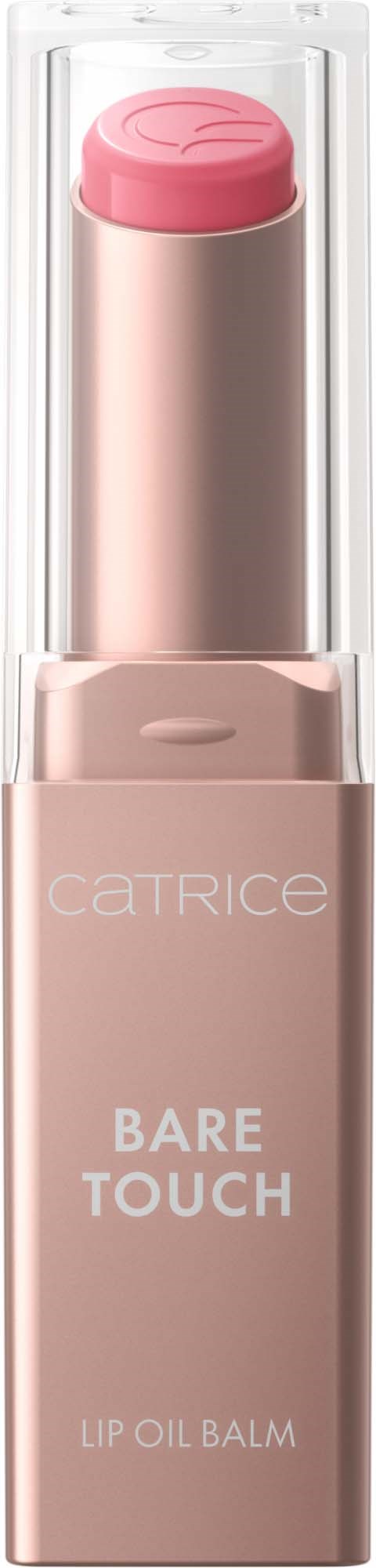 Ein rosa Tuben von Catrice Bare Touch Lip Oil Balm mit klarem Deckel, vertikal, mit Produktname vorne.