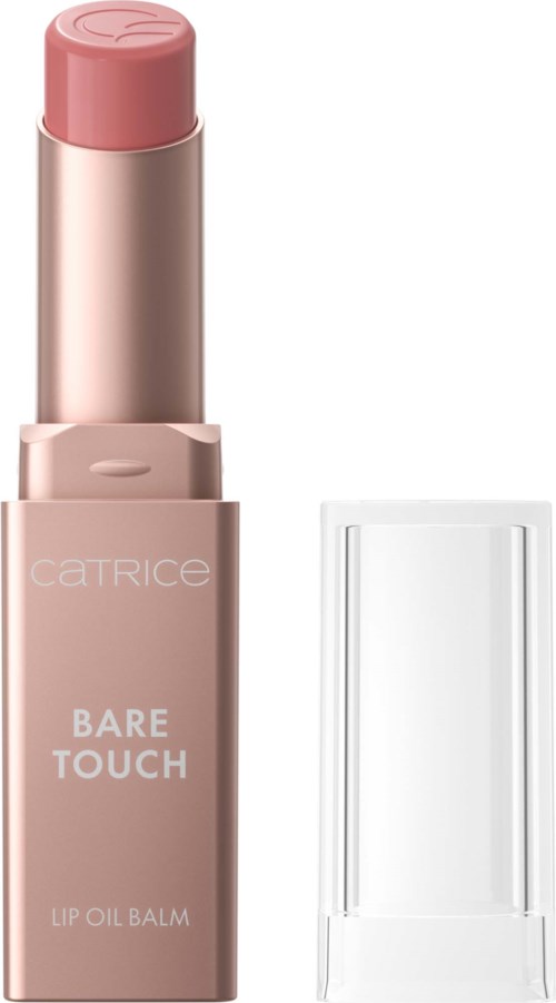 Ein nude-pinker Lippenbalsam in einer eleganten goldenen Tube mit durchsichtigem Deckel. Das Etikett liest Catrice Bare Touch Lip Oil Balm.