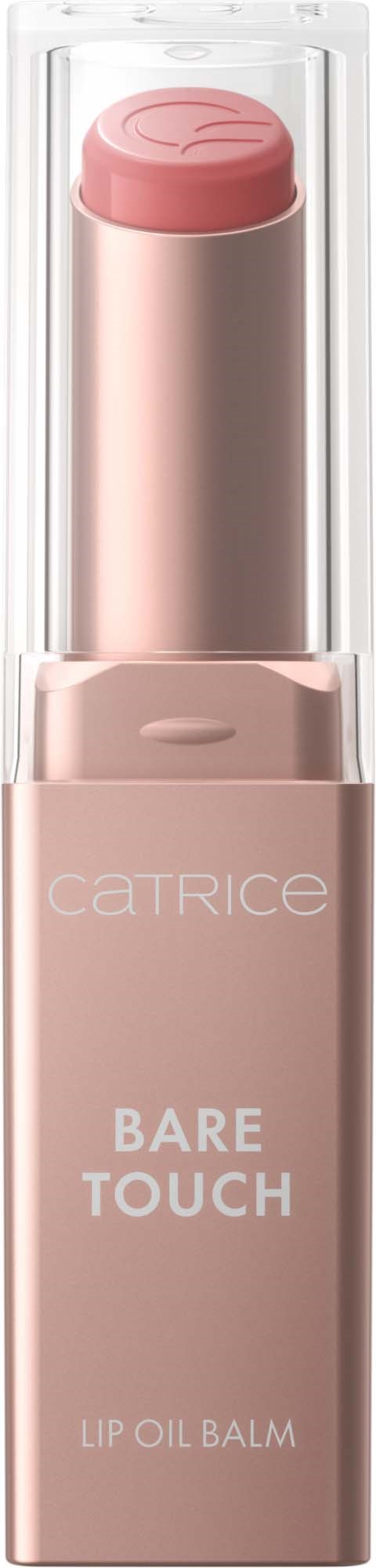 Ein rosa Lippenbalsam in einer Tube mit transparentem Deckel. Das Etikett lautet Catrice Bare Touch Lip Oil Balm.