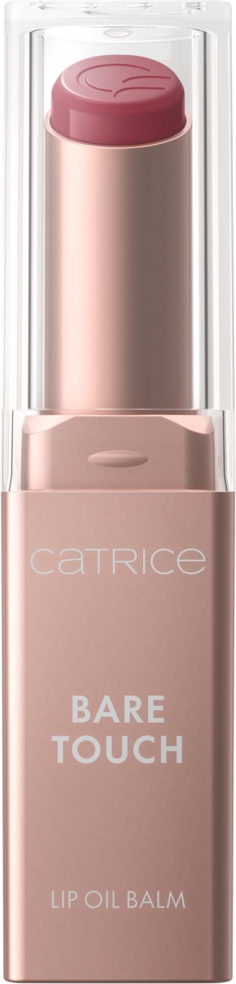Hellrosa Lippenölbalsam in einer Tube mit klarem Deckel und minimalistischem Etikett. Marke: Catrice, Produkt: Bare Touch.