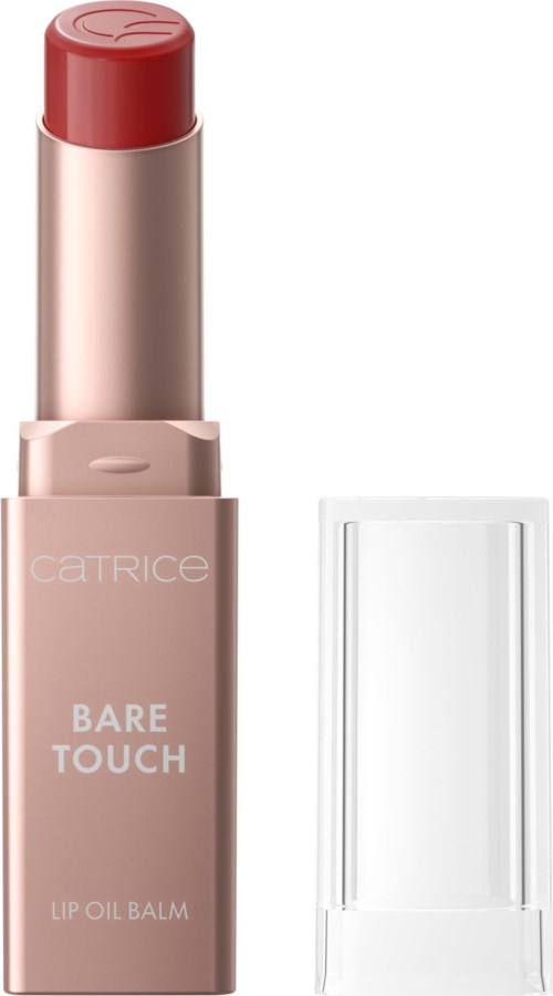 Catrice Bare Touch Lippenöl-Balsam in einer rosafarbenen Tube mit klarem Deckel und teilweise sichtbarem Lippenstift in passender Farbe.