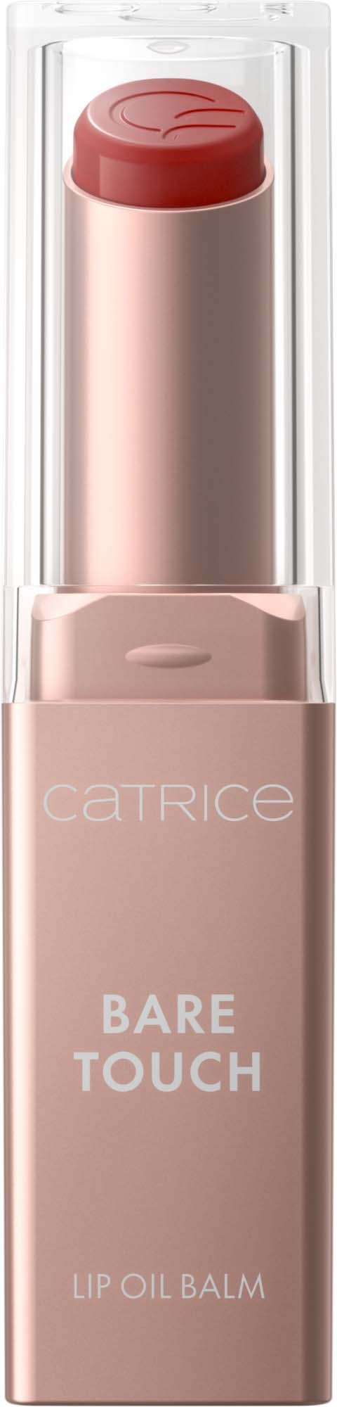 Ein rosa Lippenölbalsamstift mit der Aufschrift Bare Touch von Catrice in einer transparenten Kunststoffhülse.