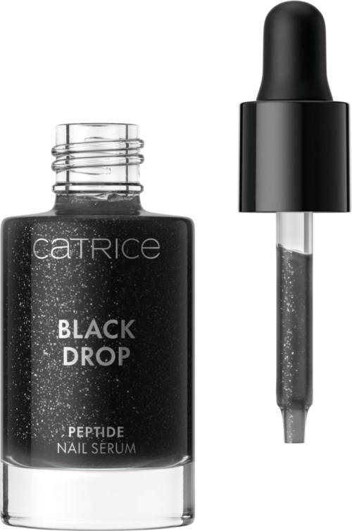 Czarna butelka serum do paznokci z pipetą i przezroczystą cieczą. Etykieta mówi "Catrice Black Drop Peptide Nail Serum."