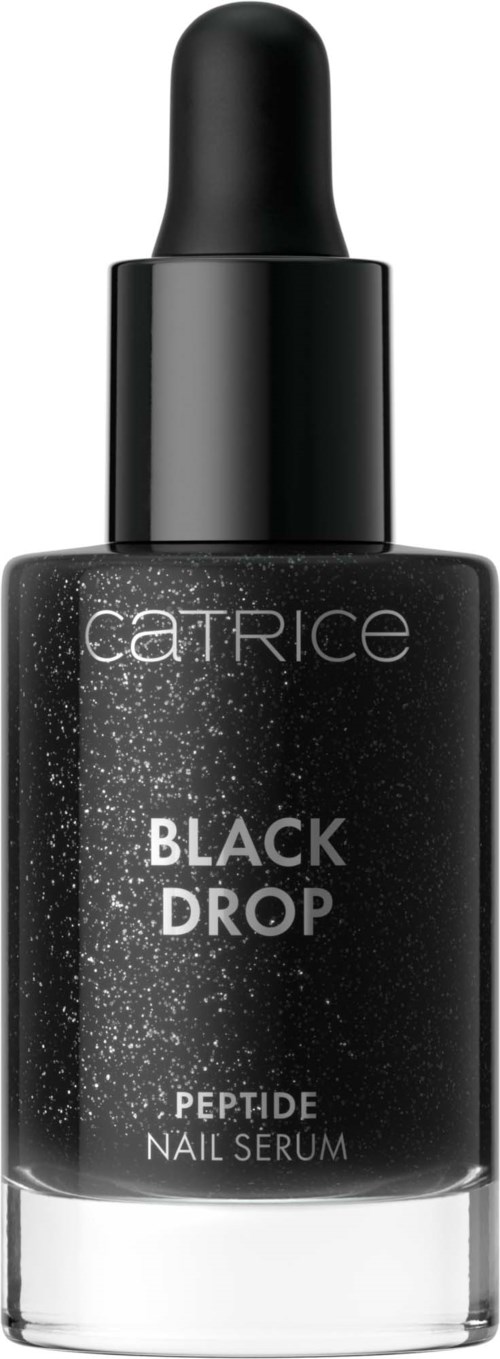 Czarna butelka z pipetą i etykietą, nazwana Catrice Black Drop Peptide Nail Serum.