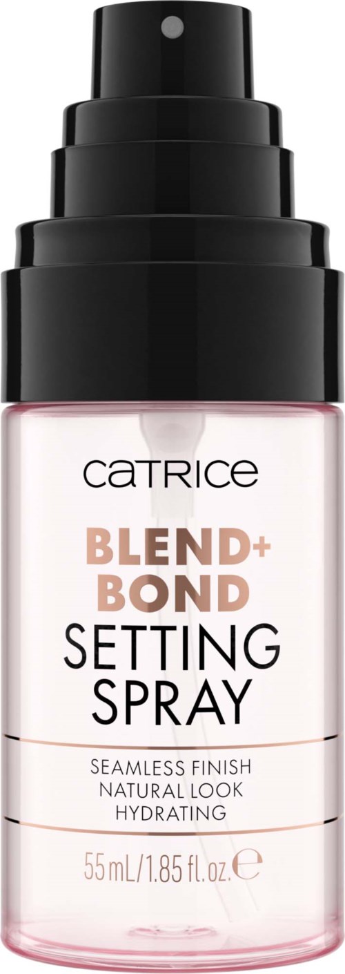 En rosa och svart sprayflaska märkt Catrice Blend+Bond Setting Spray, som hävdar att ge en naturlig, återfuktad finish.
