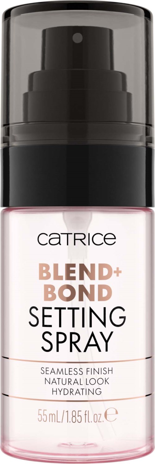 En liten flaska med pump, märkt 'Catrice Blend+Bond Setting Spray,' för makeupfixering och återfuktning.