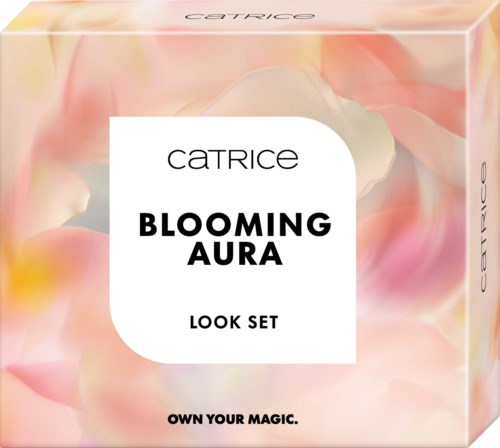 Verpakkingsdoos met bloemenontwerp en de tekst Catrice Blooming Aura Look Set Own Your Magic.