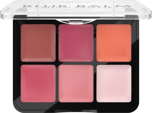 Een make-up palette met zes tinten roze, bruin, oranje en lichte kleuren, in een zwart doosje met doorzichtige deksel.