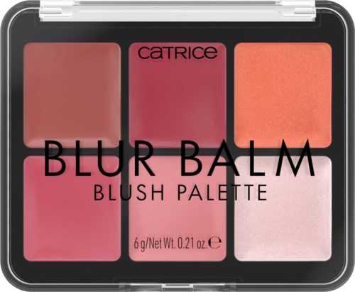 Een blush palette met zes tinten, van roze tot oranje, gelabeld 'Blur Balm' en 'Catrice' op de cover.
