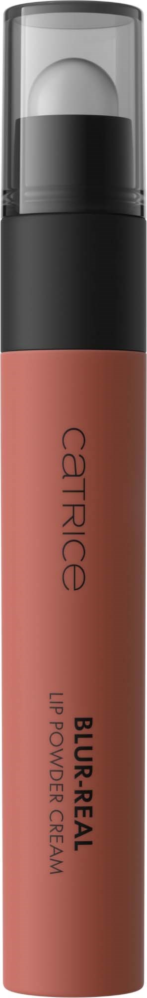 Ein Catrice Lippenprodukt namens Blur Real Lip Power Cream mit schwarzem und transparentem Deckel.