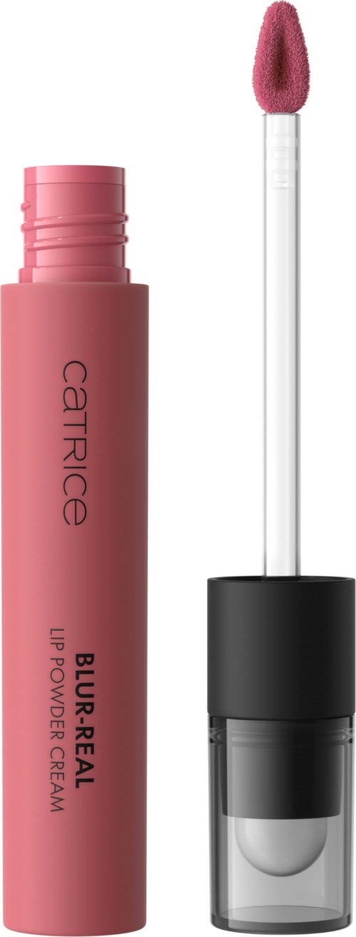 Pink Lippenstift mit schwarzer und transparenter Kappe und Applikatorspitze. Der Deckel ist abgenommen, zeigt den Applikator.