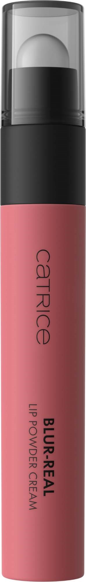 Lippen-Make-up in einer rosa Tube mit schwarzem Deckel, beschriftet Catrice Blur Real Lip Power Cream.
