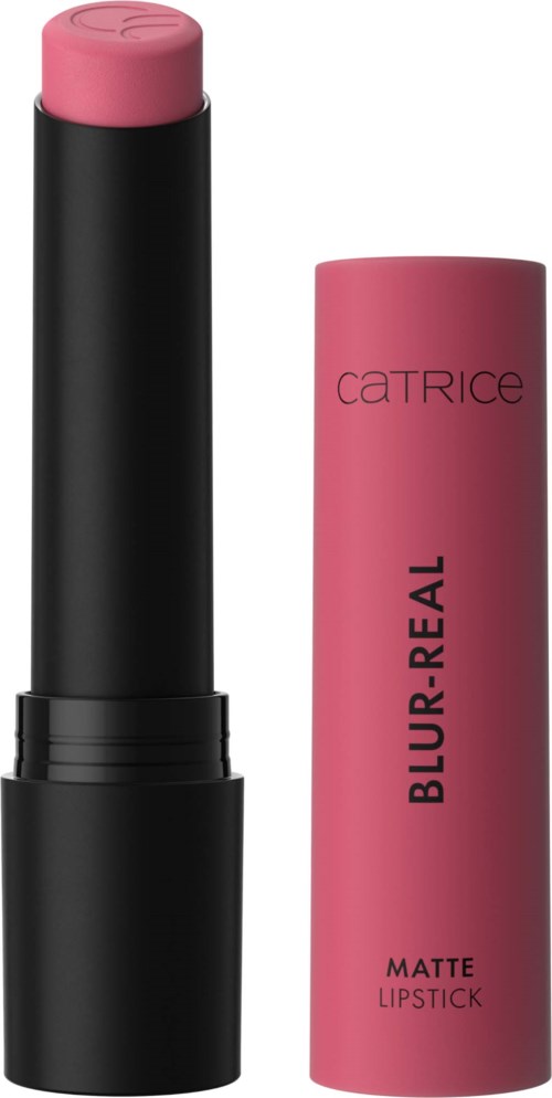 Roze lippenstift in zwarte tube met roze dop, gemerkt "Catrice Blur-Real Matte Lipstick."