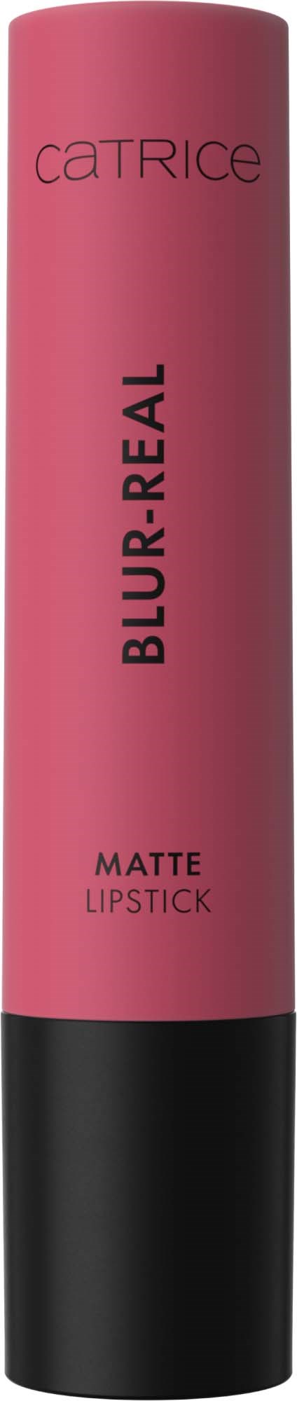 Een make-upstift in roze en zwart met de tekst 'Catrice Blur & Real Matte Lipstick'.