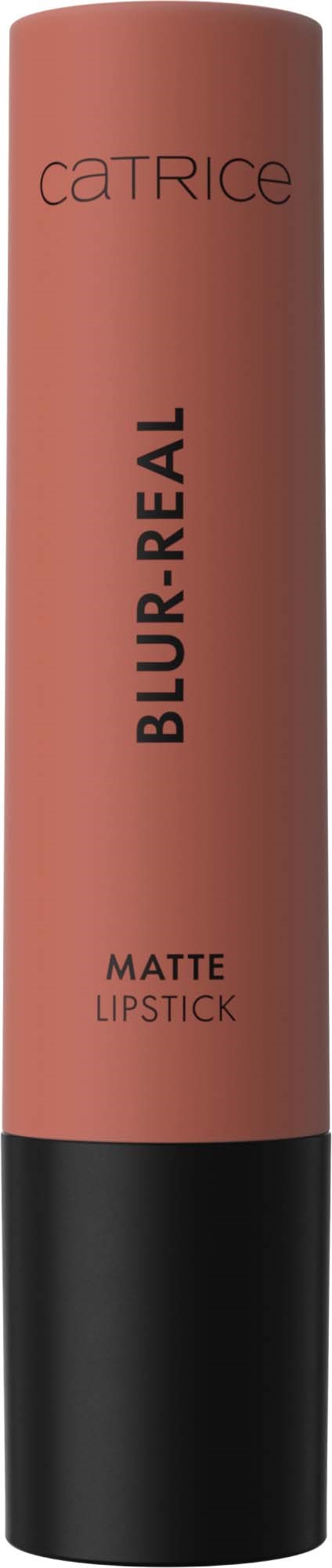 A lipstick tube labeled Catrice Blur-Real Matte Lipstick, with a pinkish upper part and a black lower part.