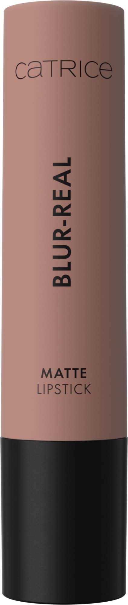 A matte lipstick tube labeled Blur-Real from Catrice, with a pink body and black bottom.