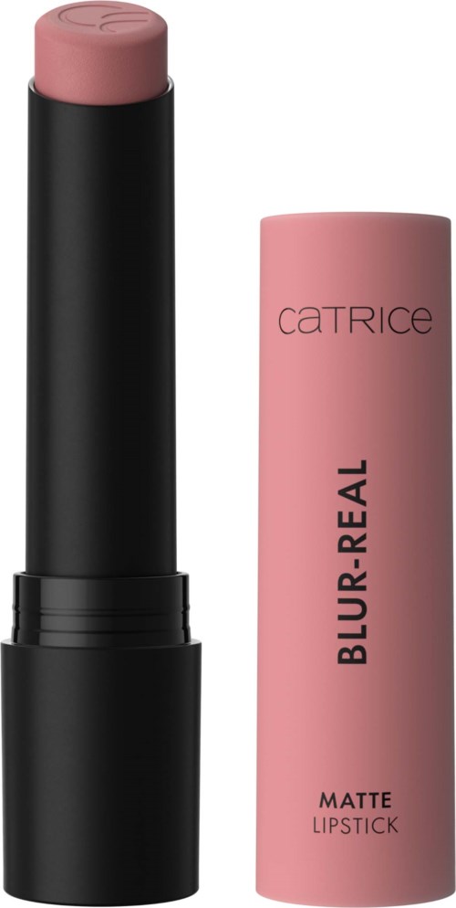En rosa matt leppestift med svart tube og matchende rosa lokk. Merket Catrice og produktnavnet Blur-Real er på røret.