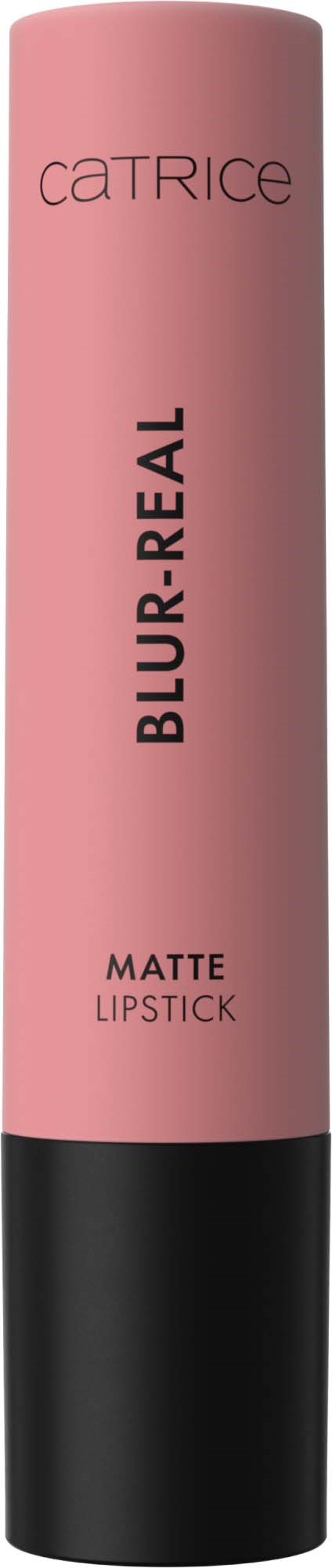 Pink matt leppestiftrør med svart bas, merket 'Catrice Blur Retail' og 'Matte Lipstick.'