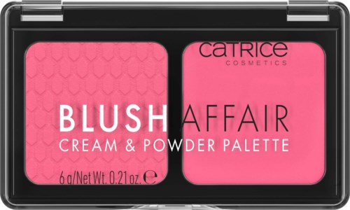 This is a pink makeup palette with two sections, one with blush and the other with face powder, labeled 'Catrice'.